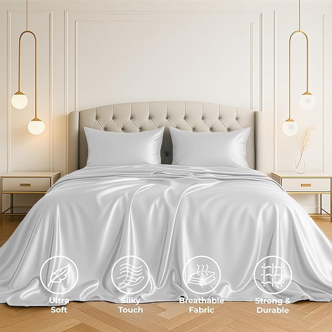 Satin Sheets Queen [4-Piece, White] Hotel Luxury Silky Bed Sheets - Extra Soft 1800 Microfiber Sheet Set, Wrinkle, Fade, Stain Resistant - Deep Pocket Fitted Sheet, Flat Sheet, Pillow Cases