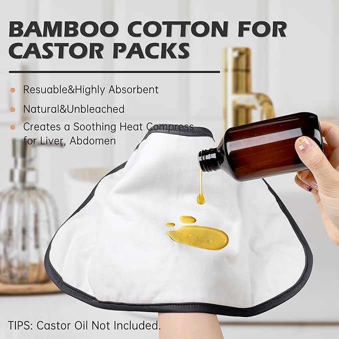 2 Pack Castor Oil Pack Wrap Organic Cotton for Liver Detox, Reusable Castor Oil Compress Highly Absorbent Anti Oil Leak, Black（Oil are Not Include