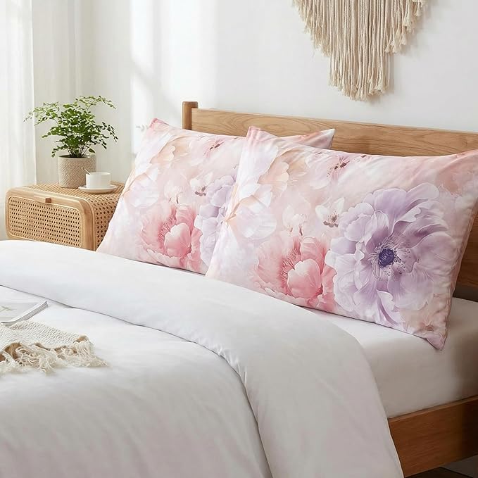 YIYEA Pillow Cases Queen Size Set of 2, Ultra Soft Double Brushed Microfiber Pillowcases Queen, Floral Bed Pillow Covers, Fade Resistant, Easy Slip-On (20"x30")
