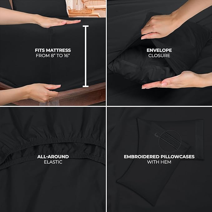 ROYALE LINENS 4 Piece King Sheets Set - Soft Brushed 1800 Microfiber Bedding - 1 Fitted and 1 Flat Sheet, 2 Pillow Cases - Wrinkle Free & Fade Resistant - Hotel Luxury Bed Sheets Set (Black, King)