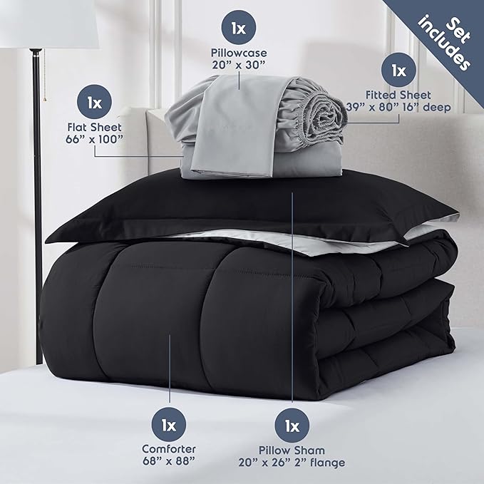 Nestl 7 Piece Twin XL Comforter Set – Black Reversible Bed in a Bag – Complete Twin XL Size Bedding Set with Sheets, Set of 2 Cooling Pillows, Pillowcase and Sham