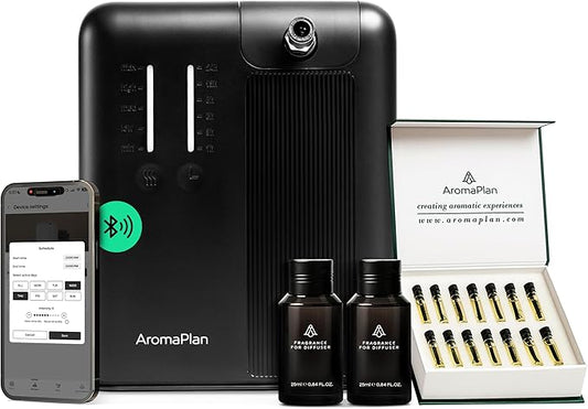 AromaPlan 5 Star Collection Cold Air Scent Diffuser, Whole House (Includes 2 Fragrances & 12 Set Sample kit) - Smart Scent Diffuser, HVAC System- Touch & App, 2000 Sq. Ft Cov. (Black)