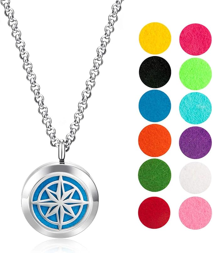 Wild Essentials Nautical Star Essential Oil Diffuser Necklace, Stainless Steel Locket Pendant with 24 inch Chain, 12 Color Refill Pads, Customizable Color Changing Perfume Jewelry for Aromatherapy