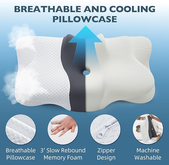 Cervical Neck Pillow for Pain Relief, Ergonomic Memory Foam Pillow for Sleeping, Orthopedic Bed Pillow Neck Support Pillow, Contour Pillows for Side Back Stomach Sleepers