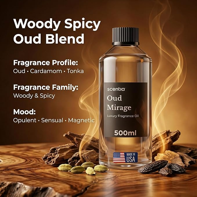 Scentia Oud Mirage Fragrance Oil Refill for Diffusers – Luxury Spicy Woody Home Scent with Cardamom, Sandalwood, Patchouli & Tonka – Cold Air & HVAC Diffuser Oil for Large Spaces – 500 ml (16.9 fl oz)