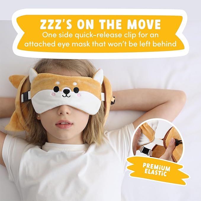 ecoZen Lifestyle Travel Pillow Set with Eye Mask - Comfort for Traveling Kids - Soft and Supportive Neck Pillow, Perfect for Plane, Car, or Train Journeys - Dog Design