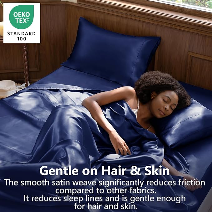 CozyLux Satin Sheets Queen Size Bed Set - 4 Piece Silky Queen Sheet Set, Luxury Navy Blue Queen Sheets with Smooth and Soft Microfiber, Includes 1 Fitted Sheet, 1 Flat Sheet and 2 Pillowcases