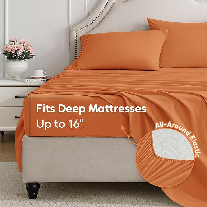 Twin XL Sheets Set, 3 Pieces Hotel Luxury Soft Microfiber Bed Sheets Set, Up to 16" Deep Pockets, Oeko-Tex Sheets with Elastic, Breathable, Wrinkle Free (Pumpkin Orange, Twin XL)