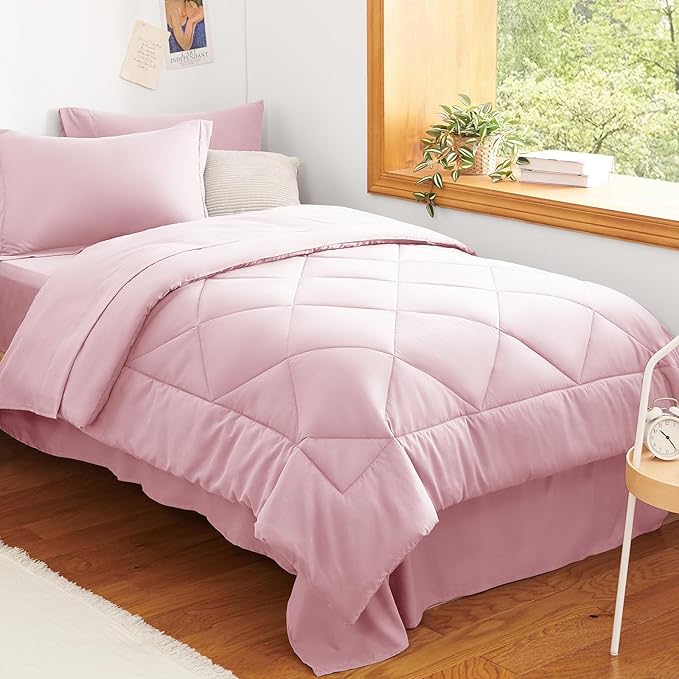 CozyLux Twin XL Comforter Set Pink - 5 Pieces Twin Extra Long Bed in a Bag for College Dorm, All Season Bedding Set for Girls and Boys, Soft Bed Set with Comforter, Sheets, Pillowcase & Sham