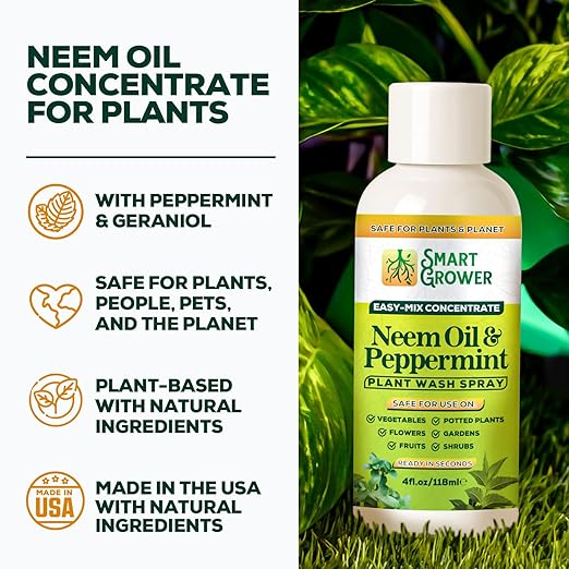 Neem Oil Spray for Plants with Peppermint Oil – for Indoor Household Plants– Best Value Refill 4 oz Concentrate Makes 1/2 Gallon RTU