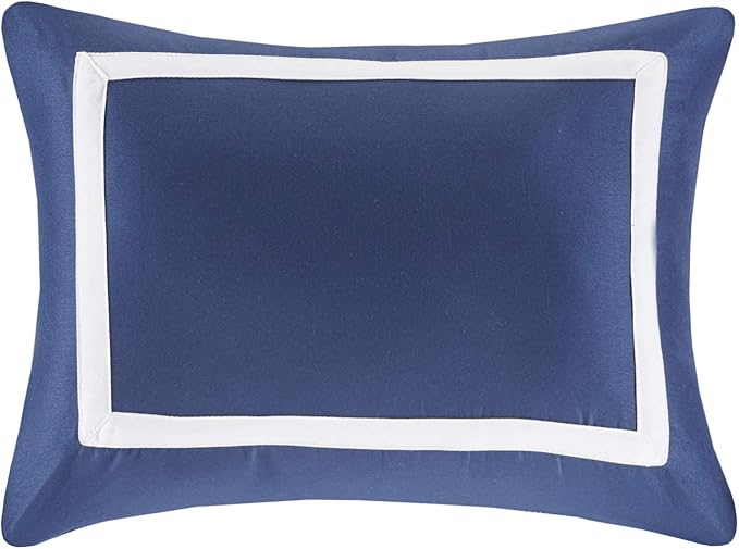 Madison Park Heritage Comforter Quilt Combo Set - Modern Luxury Design, All Season Down Alternative Bedding, Matching Shams, Decorative Pillows, Full/Queen(90"x90"), Color Block Navy 8 Piece