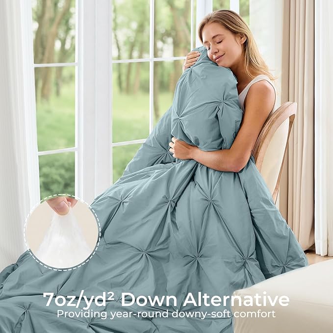 Sasttie Twin XL Comforter Set, 5-Piece Bed in a Bag, Pintuck Bedding Sets for All Season, Includes Comforter, Flat Sheet, Fitted Sheet, Pillowcase and Pillowsham, Greylish Blue