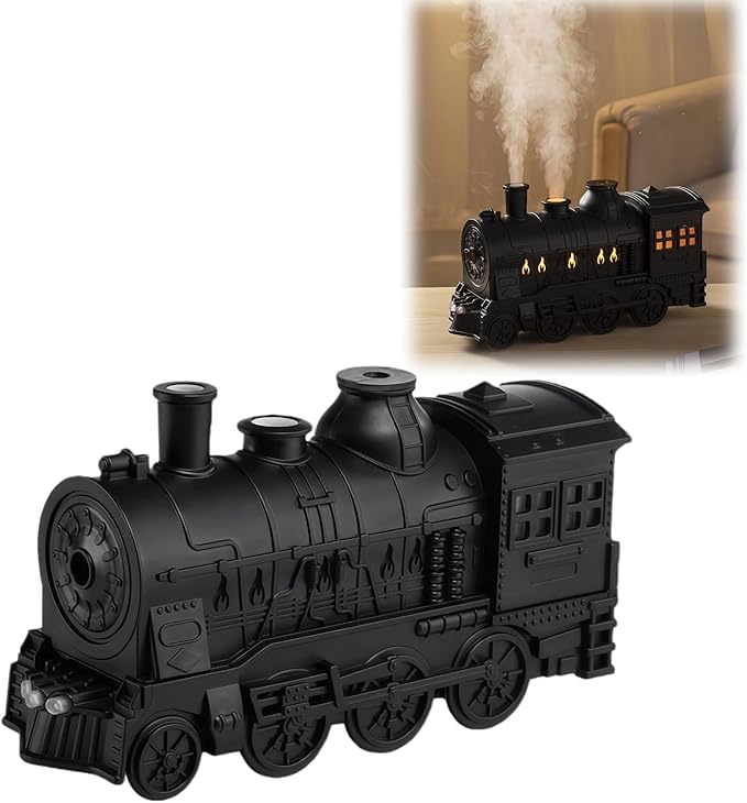 300ML Vintage Train Diffuser & Cool Mist Humidifier with Steam Effect, Remote Control, Dual Modes & Warm Blue LED Light (Black, Without remote control)