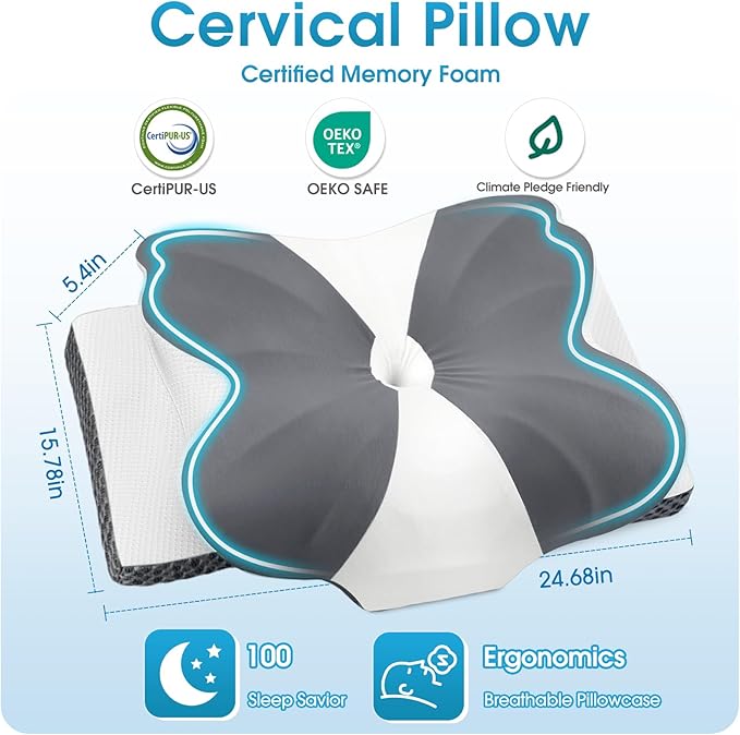 CloudBliss Cervical Neck Pillow for Sleeping, Ergonomic Memory Foam Pillow for Pain Relief Neck Shoulder Support for Side Back Stomach Sleepers, Birthday Gift (Grey, Queen Size)
