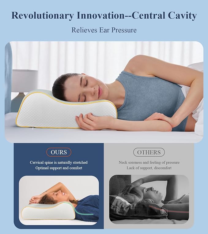 Memory Foam Contour Pillow for Neck Pain Relief/Neck Support, Cooling Cervical Neck Pillow for Side Sleeper/Sleeping, Ergonomic Sleep Apnea Orthopedic Anti Snore Therapeutic Pillows for Back Sleepers