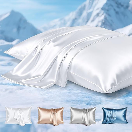 Avolare Cooling Pillow Cases, 2 Pack Arc-Chill Pillow Cases Queen for Hot Sleepers, Satin Pillow Case with Zipper, Gentle on Hair and Skin, Machine Washable, White,20"x30"