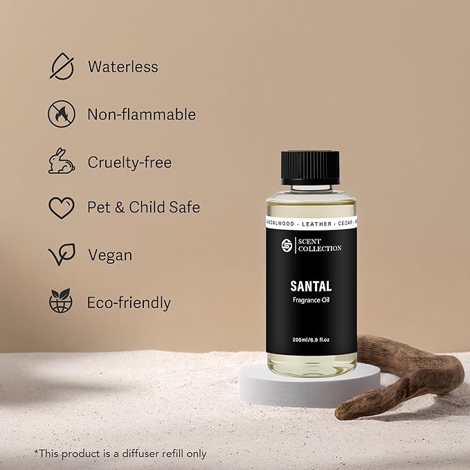 Luxury Hotel Scent Santal 200ml/6.76Fl oz Diffuser Oil Waterless Essential Aromatherapy for Cold Air & Car Diffusers – Long Lasting Refill for Large Room & Home - Signature Sandalwood