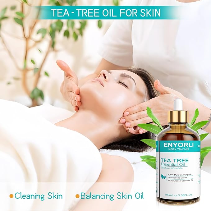 Tea Tree Essential Oil 3.38 fl oz (100ml), Natural Oil for Diffuser, Hair & Scalp Care, Skin Moisturizing, Nail Care & DIY Use, Daily Care for Women and Men