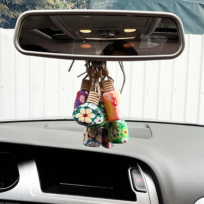 10 PCS Car Air Freshener 8ml Polymer Clay Empty Glass Bottle with Wooden Cap& Rope, Essential Oil Diffuser Perfume Aromatherapy Pendant for Auto Interior Decoration Fragrance Ornament - Random