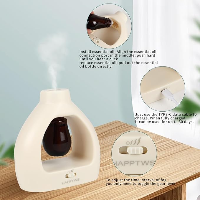 HAPPTWS Waterless Essentil Oil Diffuser Set - Cordless Diffuser 3 Timer Settings Battery Operated for Bedroom Yoga Studio Bathroom Pet Room-Milky White