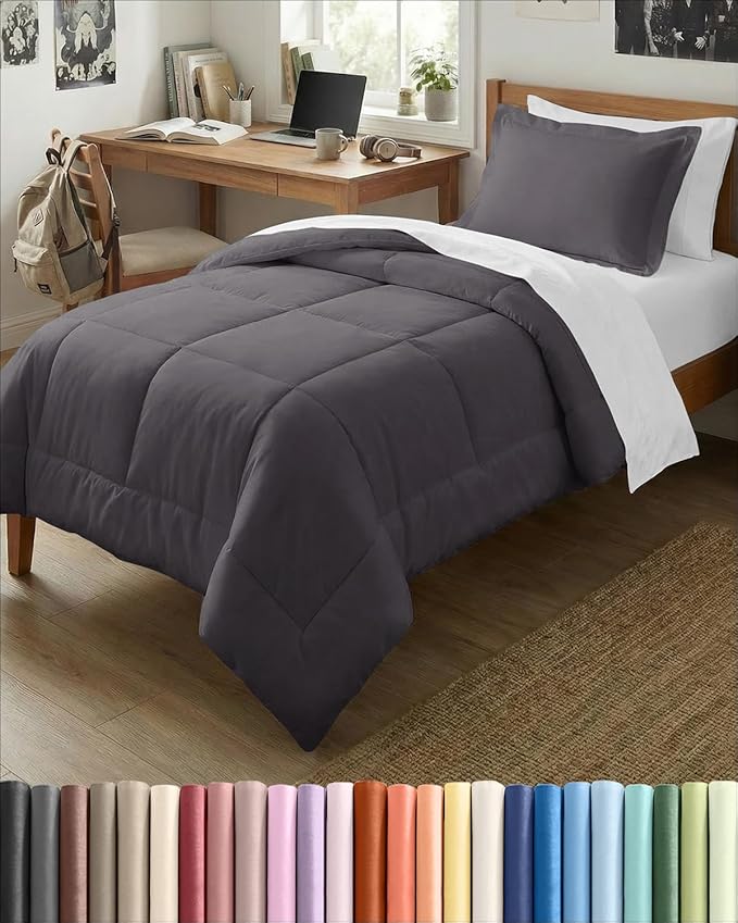 Twin XL Comforter Set - 2 Piece Bed Set for All Seasons - 1 Soft Quilted Comforter w/ Corner Tabs & 1 Pillow Sham - Comfy & Breathable - Premium Down Duvet Insert - Oeko-TEX - Twin XL Size, Dark Grey