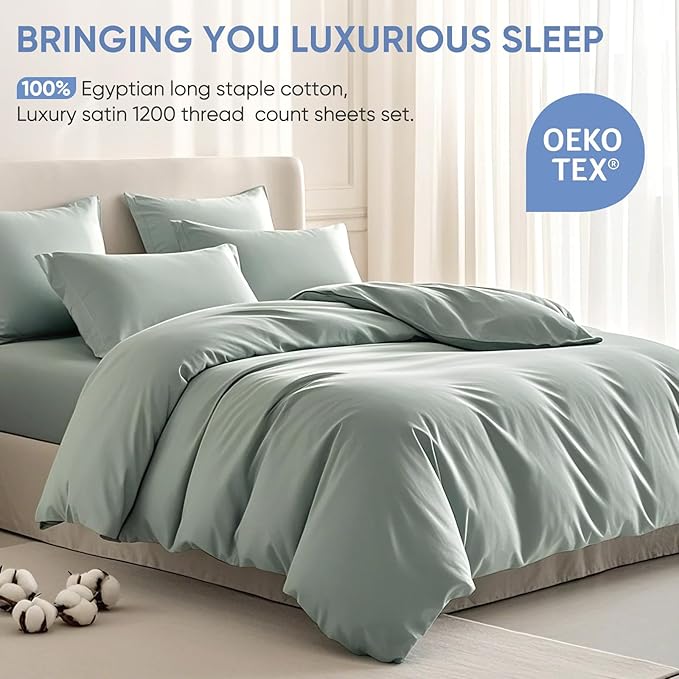 TWK 1200 TC 100% Egyptian Long-Staple Cotton Bedding Sheets Set, Luxury Hotel Style Deep Pocket with Elastic Reinforced Seams Sheet Set, Soft & Comfy Natural Sheets (Mineral, Full)