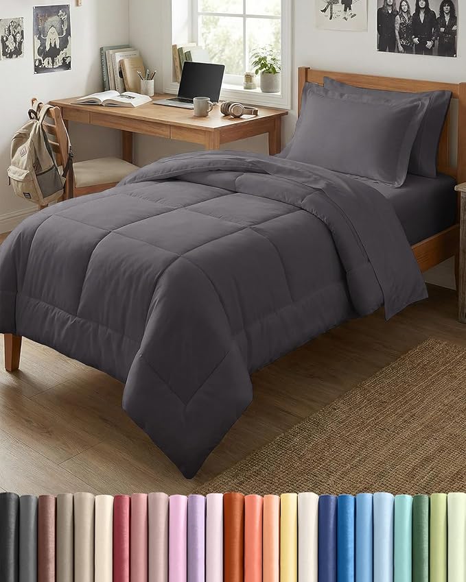 Twin XL Comforter Set - 5 Piece Bed in a Bag Twin XL Size Bed Set - Down Alternative Comforter, Flat Sheet, Fitted Sheet, Pillowcase & Sham for All Seasons - Ultra Soft, Comfy, Breathable - Dark Grey