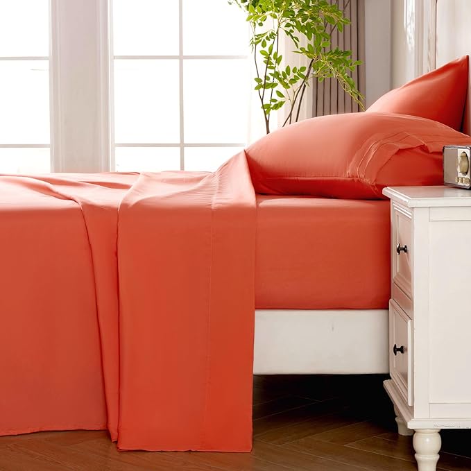 ROSE&RISY Orange Red Queen Sheet Set, 4 Pieces Soft Bedding Queen Sheet Set, Breathable and Cooling Sheet Bed Set,Includes 1 Fitted, 1 Flat, 2 Pillow Cases - Deep Pocket (Orange Red, Queen Size)