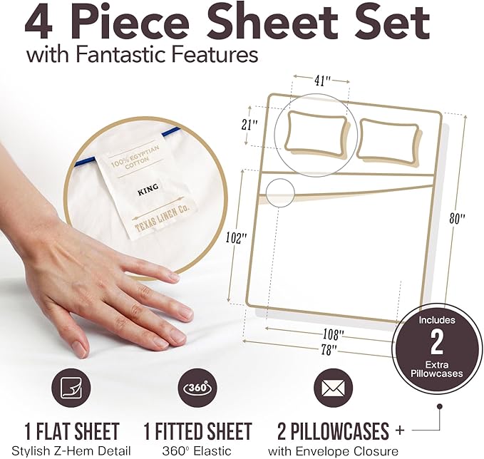 TEXAS LINEN CO. 100% Egyptian Cotton Sheets King Size - Snoozin' Supreme Collection 2000 Series Luxury King Bed Sheet Set, Cooling Sateen Weave, 17” Extra Deep Pocket Hotel Sheets (4 Pc, White)