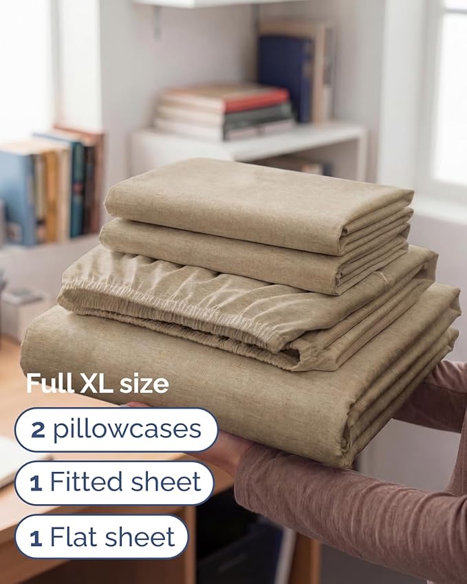 Full XL Bed Sheet - 4 Piece Full XL Bed Sheets Set - Soft, Breathable & Cooling - Hotel Luxury Bedding for Women & Men with Deep Pockets - Wrinkle Free & Fade Resistant - Oeko-Tex - Heathered Beige