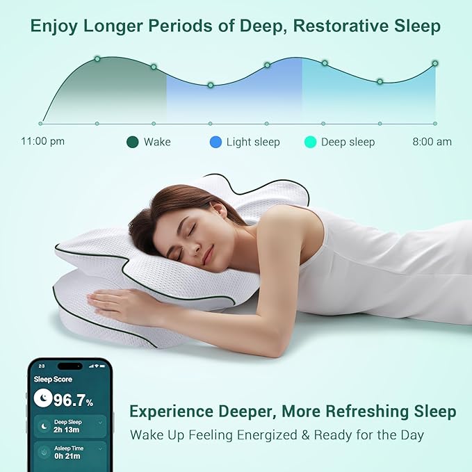 AZBESTPRO Memory Foam Cervical Pillow for Neck Support & Pain Relief, Butterfly Ergonomic Design – 24×15.75×5.7 Inches, Removable 100% Polyester Pillowcase, Suitable for Side & Back Sleepers (Green)