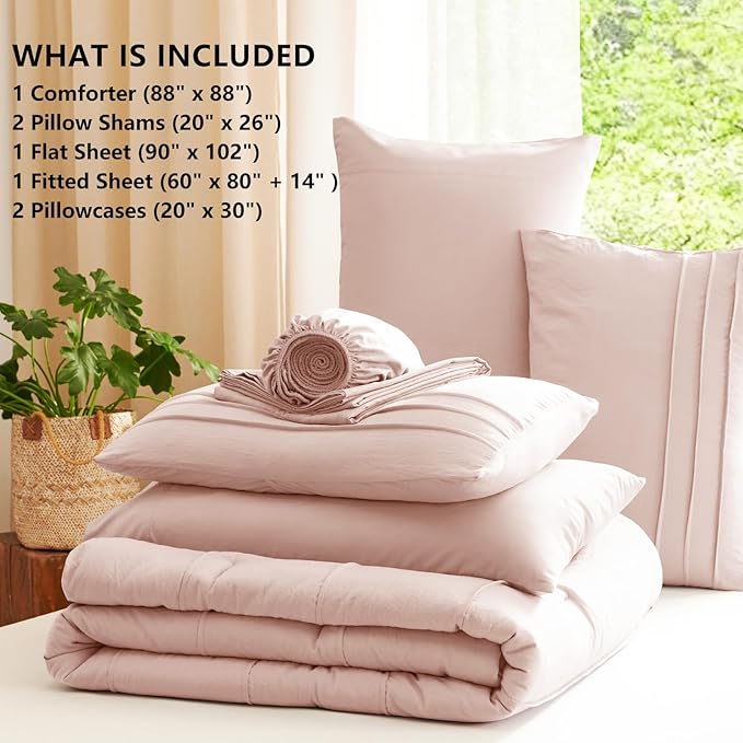 CozyLux Queen Comforter Set Pink, 7 Pieces Soft Pinch Pleat Bed in a Bag Queen Comforter Set with Sheets, Boho Bed Set with Down Alternative Comforter, Sheets, Pillowcases & Shams