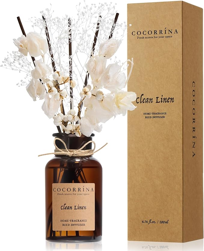 Cocorrína Reed Diffuser Set, 6.7oz Flower Reed Diffuser with Real Preserved Flowers - Clean Linen Scented Oil & Sticks - Long Lasting Home Fragrance for Bedroom Bathroom Shelf Decor