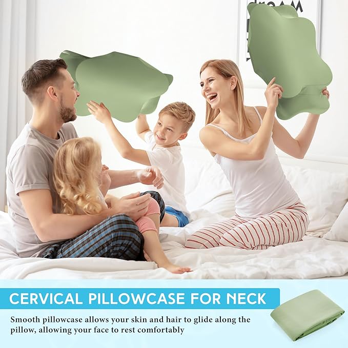 Hahafelt Cooling Cervical Neck Pillowcase Cover (Only Pillow Case) Ergonomic Pillowcase with Zipper Breathable Contour Pillow Cover for Side Back Stomach Sleepers(Saga Green,Queen Size)