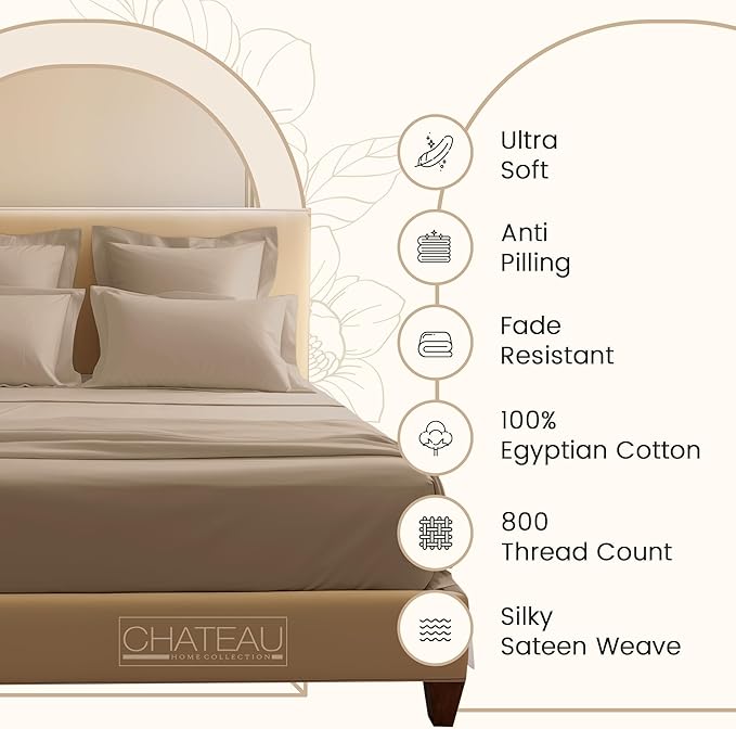 Deep Pocket Queen Sheets set, 100% Cotton Sheets Queen Size set, 800 Thread Count Soft & Durable 4 Piece Sheet & Pillowcase Sets, Sateen Weave Hotel Sheet 15" Deep, No Pill Machine Wash - Taupe