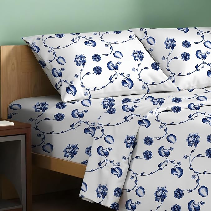 TEXAS LINEN CO. 100% Organic Cotton Printed Sheets California King Size - 4 PC Organic Cotton Cal King Percale Weave Sheet Set, Soft, Cooling & Crisp, 16" Deep Pocket Hotel Bedding Set - Floral Blue