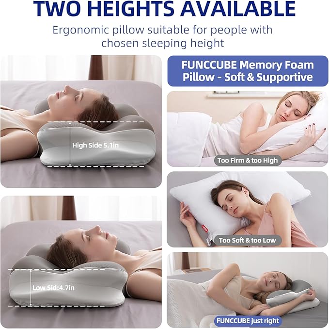 FUNCCUBE Cervical Neck Pillow - Memory Foam Pillows for Pain Relief Sleeping with Cooling Pillowcase, Ergonomic Contour Odorless Bed Pillow for Back Side Shoulder Stomach Sleeper, Queen Gray