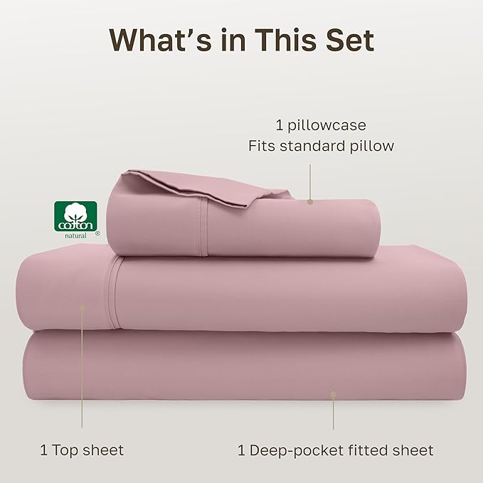 California Design Den Soft 100% Cotton Sheets Twin Size Set, 400 Thread Count Good Housekeeping Award Winner, Smooth Sateen Finish, Cozy and Durable Cotton Bedding Set - Mauve