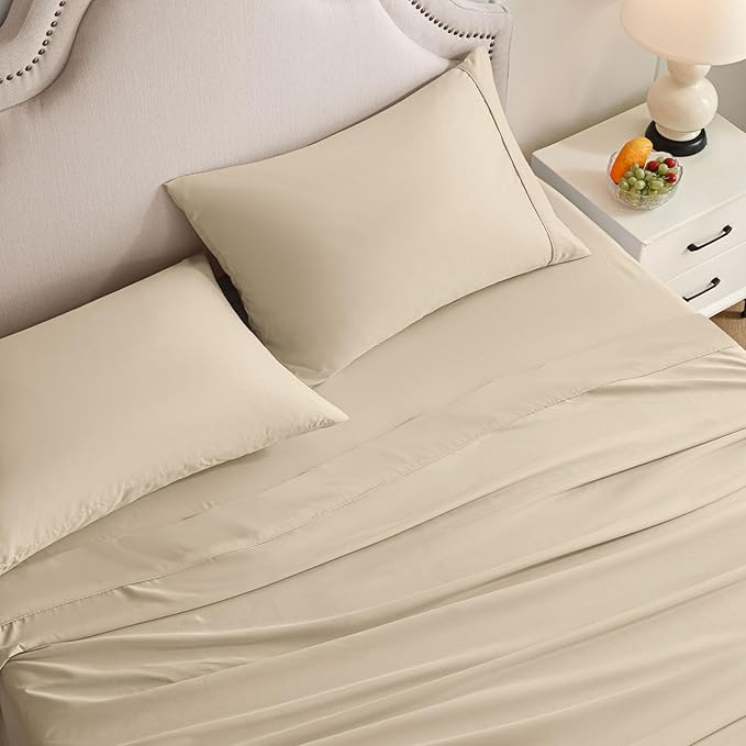 Queen Sheet Set, 4 Pieces Hotel Luxury Soft Microfiber Queen Bed Sheets Set, Up to 16" Deep Pockets, Oeko-Tex Sheets with Elastic, Breathable, Wrinkle Free (Beige, Queen)