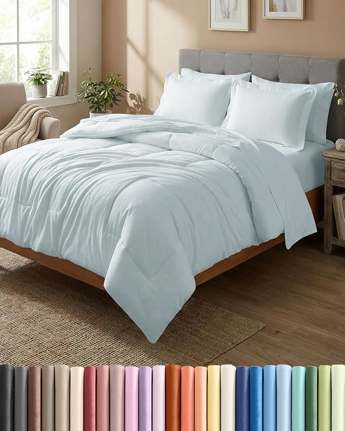 King Comforter Set - 7 Piece Bed in a Bag King Size Bed Set - Down Alternative Comforter, Flat Sheet, Fitted Sheet, Pillowcase & Shams for All Seasons - Ultra Soft, Cozy, Comfy & Breathable - Ice Blue