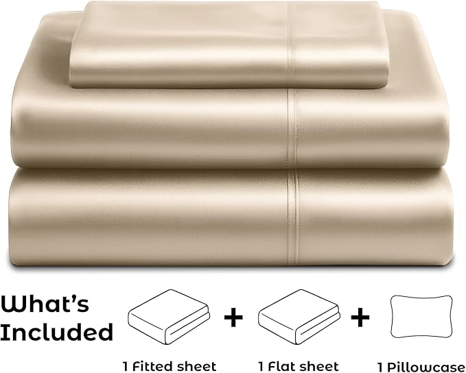 Satin Sheets Twin [3-Piece, Champagne Gold] Hotel Luxury Silky Bed Sheets - Extra Soft 1800 Microfiber Sheet Set, Wrinkle, Fade, Stain Resistant - Deep Pocket Fitted Sheet, Flat Sheet, Pillow Cases