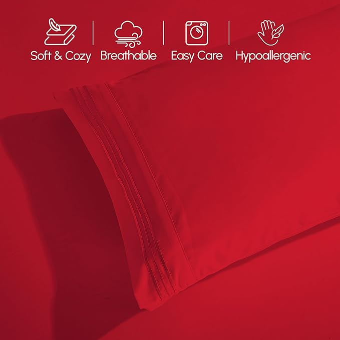 Elegant Comfort Luxurious 1500 Premium Hotel Quality Microfiber Three Line Embroidered Softest 4-Piece Bed Sheet Set, Wrinkle and Fade Resistant, King, Red