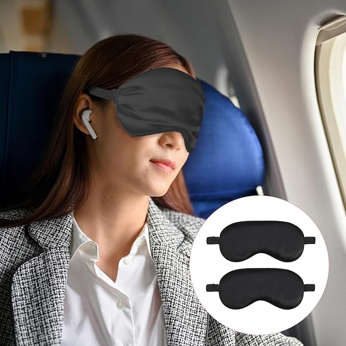 2 Pack Silk Sleep Mask Adjustable Silk Eye Mask for Sleeping Soft Sleeping Eye Shade Cover for Women Men Soft Blackout Eye Mask Satin Blindfold with Elastic Strap for Travel & Home-Black