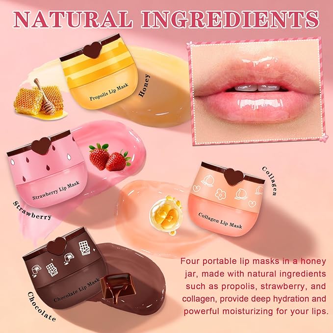4 PCS Bee Lip Balm Honey Pot Hydrating & Preventing Dry Honey Balm Lip Balm Honey, Strawberry, Collagen, Chocolate Moisturizing Lip Sleeping Mask with Sticks