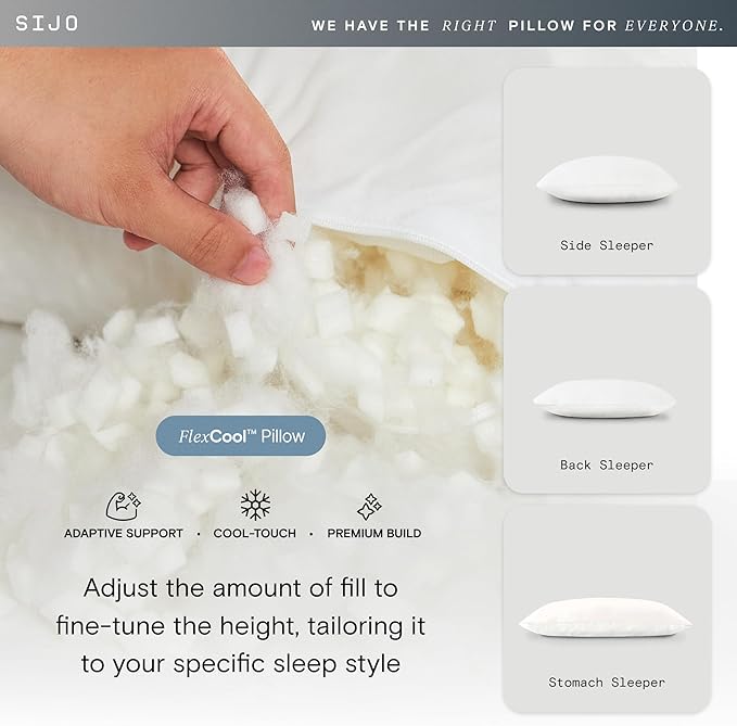 Sijo FlexCool Shredded Memory Foam Pillow - Adjustable Loft Pillow w/Cooling Surface - Good Housekeeping 2026 Bedding Award Winner - CertiPUR-US - Medium Firm for Back, Side, Stomach Sleeper (Queen)