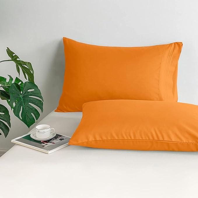 Mocassi 2-Piece Premium King Pillowcase Set 1800 Series Hotel Quality Microfiber - Soft and Breathable with 3-Line Embroidery Wrinkle and Stain Resistant, Easy Care, 20" x 40", Orange