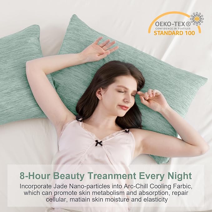 Elegear Cooling Pillow Cases for Hot Sleepers, Japanese Q-Max 0.5 Cooling Pillowcases, Both Sides(Cooling/Cotton), Breathable Soft Pillowcase for Hair and Skin, Set of 2-Green (Queen (20'' x 30''))
