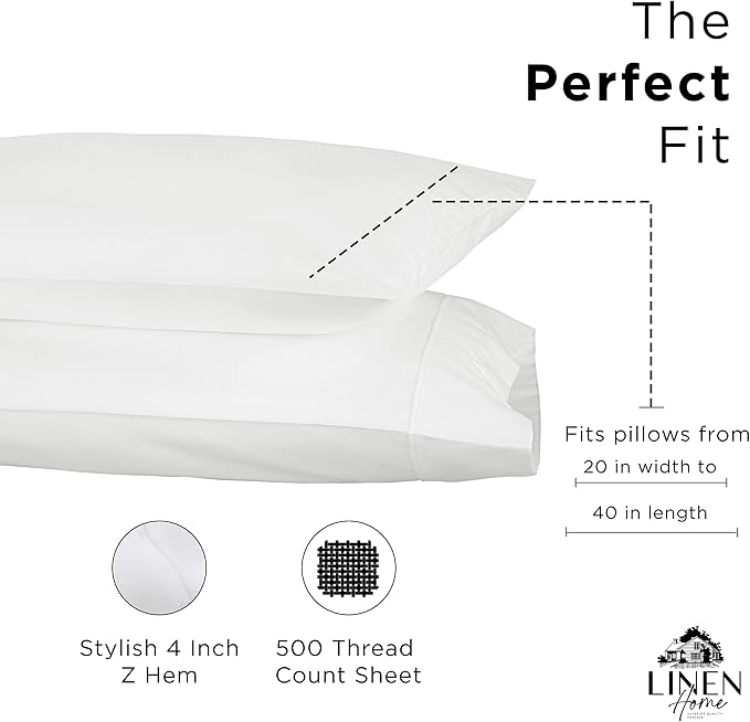 Linen Home 500 Thread Count King Pillowcase Set | 100% Long-Staple Cotton Pillow Cases | Soft & Smooth Luxury Satin Set of 2 Pillowcases | 4 Inch Z Hem | White