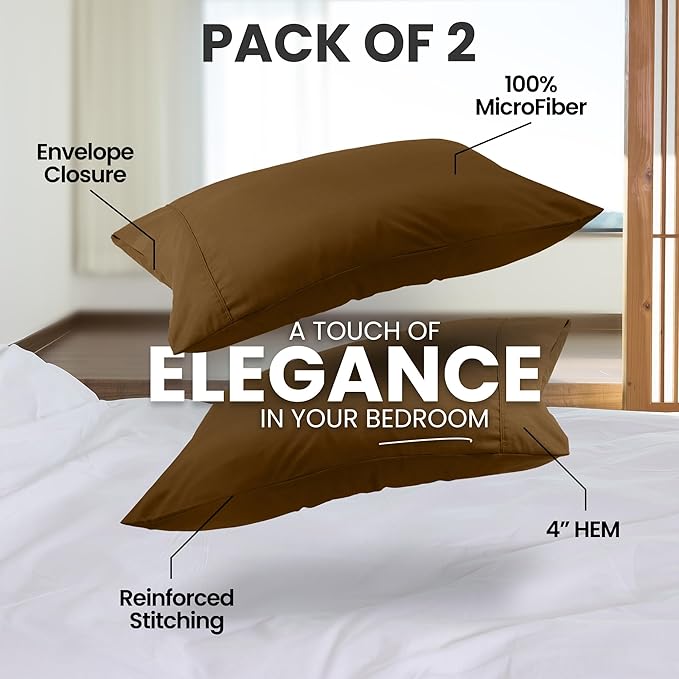 Utopia Bedding Standard Pillow Cases - 2 Pack - Envelope Closure - Soft Brushed Microfiber Fabric - Shrinkage and Fade Resistant Pillow Covers Standard Size 20 X 26 Inches (Standard, Mocha)