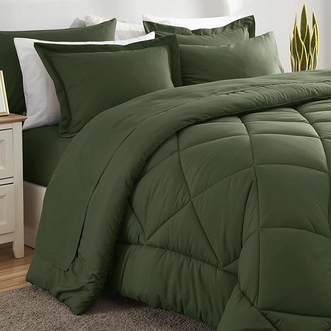 CozyLux Oversized Queen Comforter Set Olive Green - 7 Pieces Bed in a Bag Comforter Set with Sheets, Luxury Soft Bed Set, Bedding Set with Down Alternative Comforter, Sheets, Pillowcases & Shams